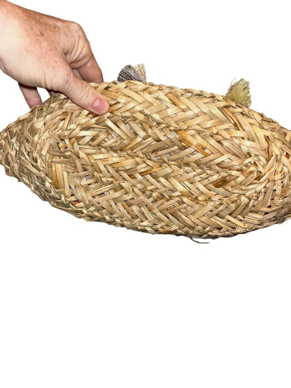 French Market straw tassels aztec band orange cotton lined basket tote bag purse